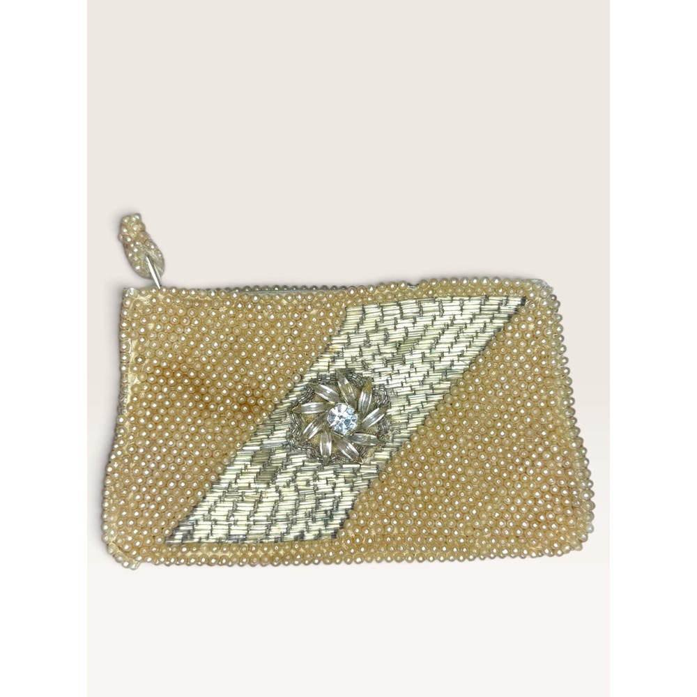 Vintage Beaded Zipper Coin Purse Evening Bag Faux Pearls Rhinestones 1950s